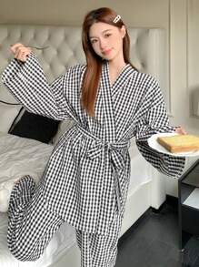 DAZY Conjunto de top de cuello de chaqueta de tartán y pantalones de pijama rectos holgados