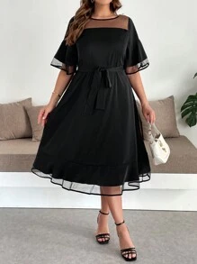 SHEIN Clasi Plus Size Women's Solid Color Mesh Splicing Round Neck Ruffle Sleeve Elegant A-Line Dress, Plus Size Women's Solid Color Mesh Splicing Round Neck Ruffle Sleeve Elegant A-Line Dress, Going Outfits, Women's Maxi Dresses, Long Dresses, Elegant Midi Dresses, Elegant Dresses, Elegant Dresses, Elegant Dresses, Elegant Wedding Dresses, Elegant Midi Dresses, Women's Black Dresses, Women's Spring And Summer Dresses, Women's Resort Dresses - Black - View 4