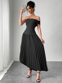 SHEIN Unity 1 pieza Vestido de tirantes elegante con pliegues y bajo asimétrico - Negro - Ver 1