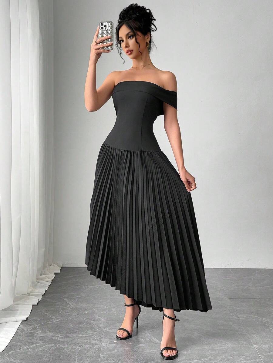 SHEIN Unity 1 pieza Vestido de tirantes elegante con pliegues y bajo asimétrico - Negro - Ver 1