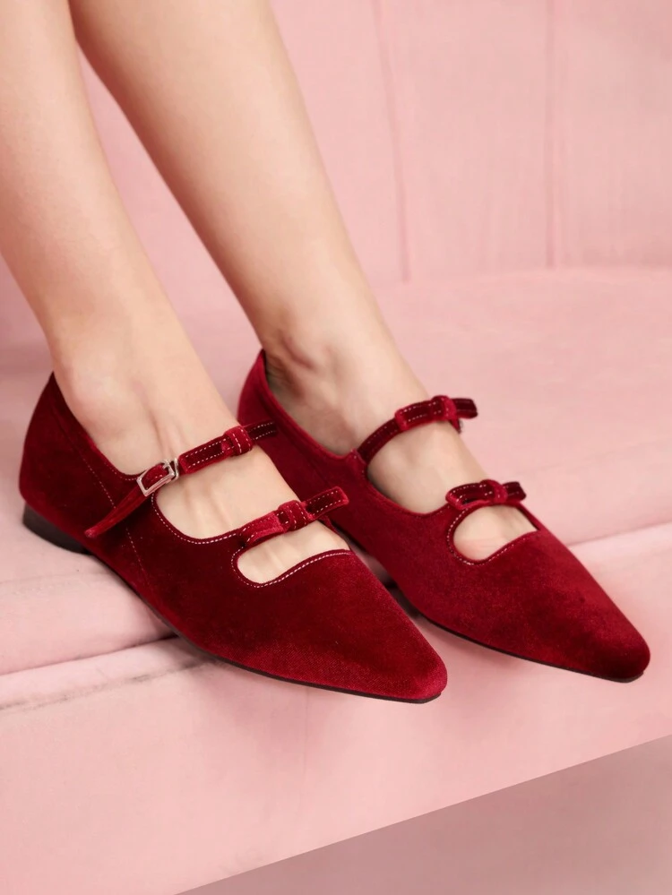 CUCCOO DOLLMOD Suede Bowknot Burgundy Pointed Toe Ballet Flats, Comfortable Women Casual Shoes For Valentine's Day, Spring