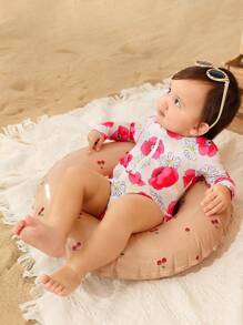 Baby Girl Floral Print Keyhole Long Sleeve Rash Guard One-Piece Swimsuit With Headband - Multicolor - View 8