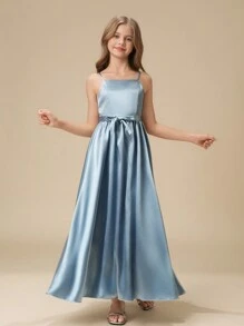 Tween Girl 奢华缎面露肩 A 字形连衣裙，配有系带腰带，细肩带吊带花童连衣裙，适合婚礼、舞会、生日派对、表演 - 藍色 - 查看 1