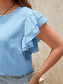 SHEIN Clasi Plus Size Dames Effen Kleur Ruffle Mouw Ronde Hals Casual Blouse