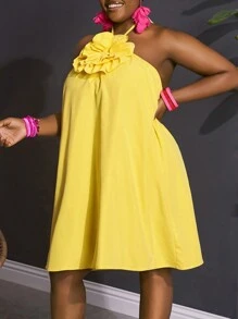 Slaydiva New 2025 Curve Plus Size Women's Romantic & Holiday Solid Color A-Line Ruffle Trim Bubble Mini Dress Spring/Summer - Yellow - View 6