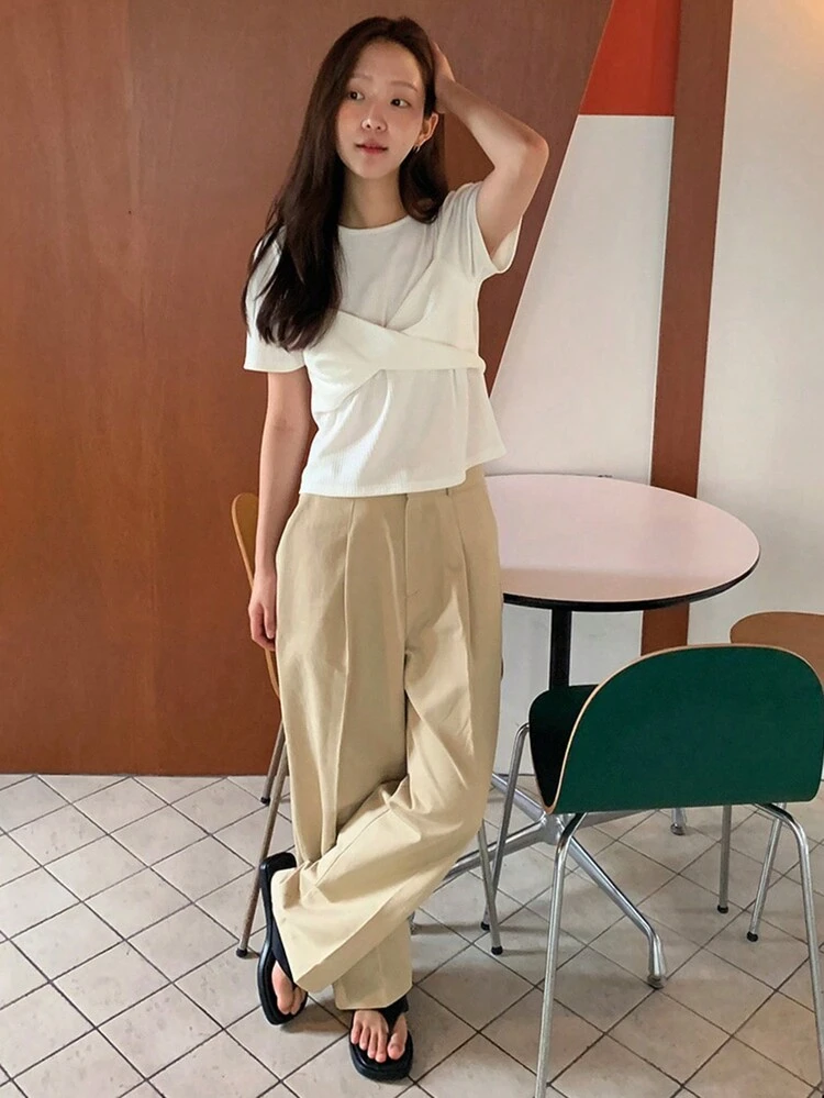 ウィメンズ ラウンドネック ツイスト スプライス 半袖Tシャツ、春夏