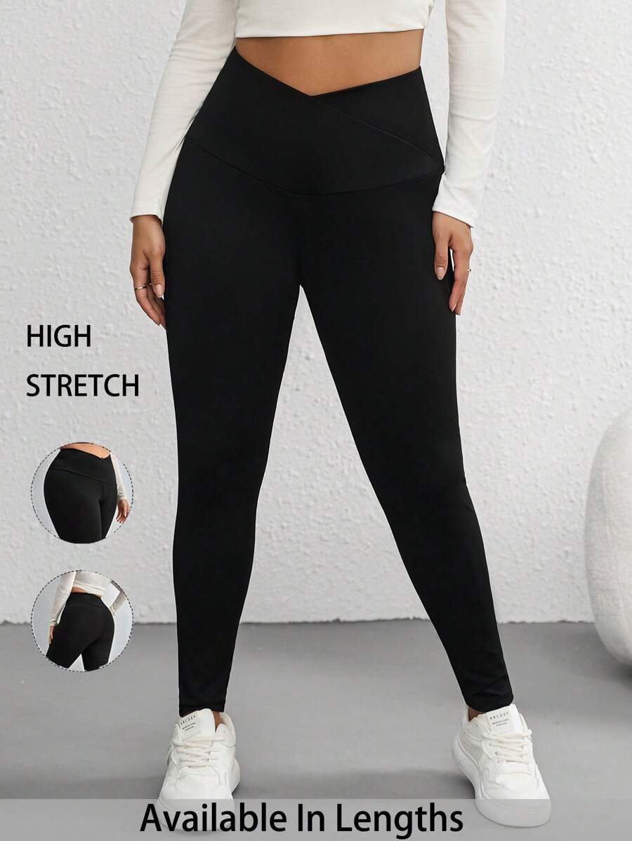 SHEIN Tall CURVE Plus Solid Overlap Wideband Waist Leggings Spring Clothes