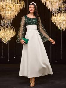 Al Najma 女士蕾丝拼布圆领长袖休闲阿拉伯风格连衣裙 - 綠色 - 查看 3