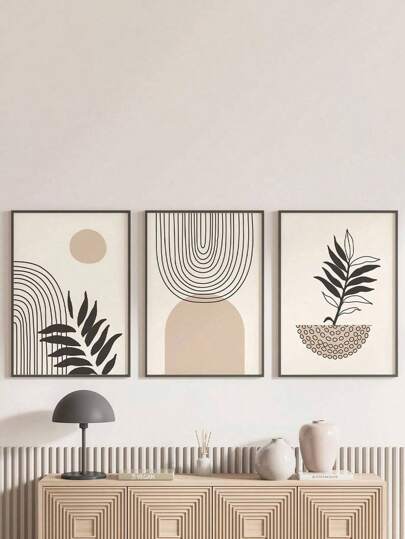 SHEIN Basic living Boho Abstract Wall Art Prints, Boho Wall Decor, Set Of 3 Wall Prints, Scandi, Mid Century, Black, Beige, Green, Terracotta, Boho Canvas Wall Art, No Frame