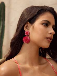 SHEIN VCAY Raffia Beads Tassel Minimalist Elegant Niche Casual Flower Dangle Earrings For Valentine's Day,Mom,Mother,Mother's Day,Gift - Hot Pink - View 5