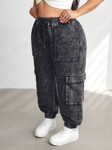 SHEIN CURVE+ Poket Bertali Depan Wanita Saiz Besar Seluar Jeans Kasual Mudah, Pakaian Wanita Musim Gugur - Hitam - Lihat 7