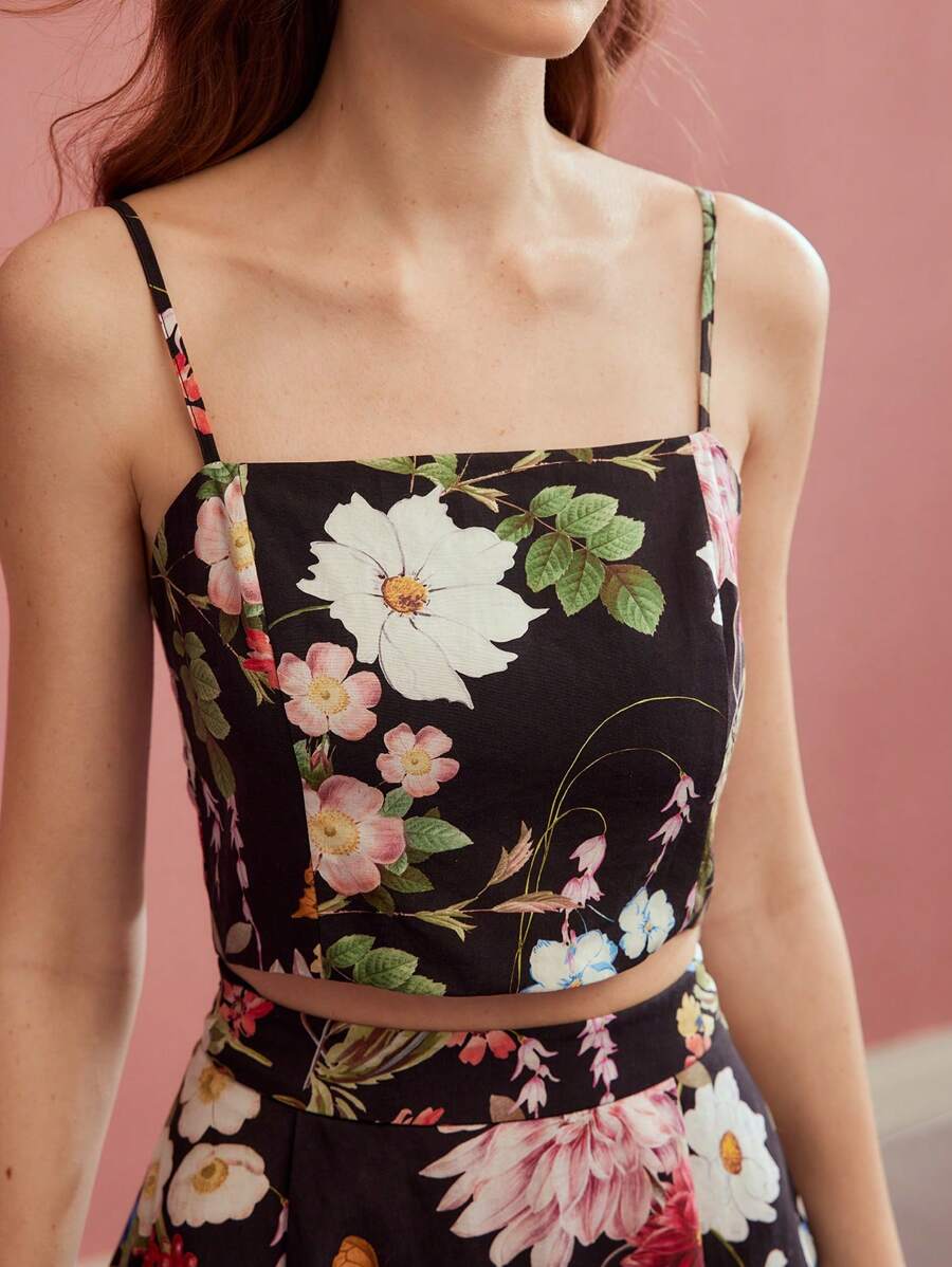 MOTF PREMIUM FLORAL PRINT CAMI TOP & FLARED SKIRT,SPRING/SUMMER - Multicolor - View 2