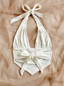 Soleia 纹理三角形下摆贴身挂脖背心，适合女士、度假、音乐节、波西米亚风、节日、约会、夏季上衣 - 白色 - 查看 2