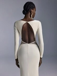 Elitara 优雅轻盈褶皱前露背长袖圆领鱼尾下摆伴娘礼服 - 香檳色 - 查看 5