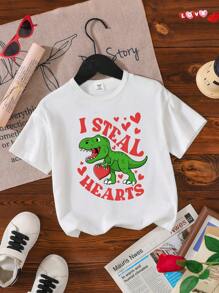 幼儿男童休闲趣味恐龙针织印花 T 恤，可爱简约设计，适合夏季