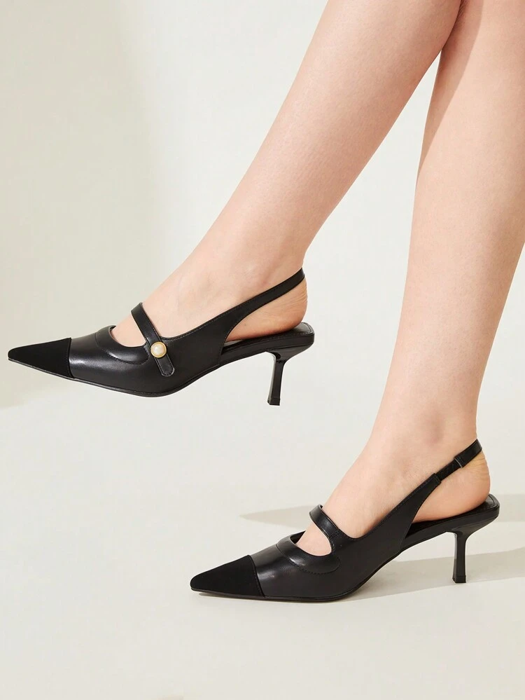 CUCCOO CHICEST 6cm ハイヒール パンプス 尖った つま先 ストラップ パール装飾 エレガント ラグジュアリー スリッポン ブラック