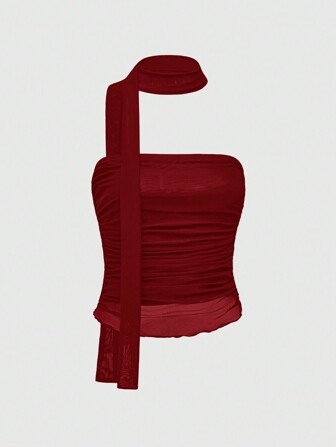 J-Fashion Débardeur femme à col ras-du-cou, coupe slim et plissé, couleur unie