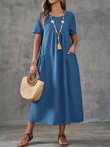 EMERY ROSE Vestido largo y sencillo de mujer con cuello redondo, manga corta y bolsillo en un solo color - Azul - Ver 6