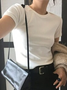1 pieza Camiseta blanca de manga corta, cuello redondo, ajustada, de unicolor para mujer, para primavera/verano