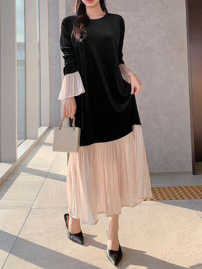 FRIFUL Women's Long Velvet Patchwork Dress, Suitable For Spring And Valentine's Day