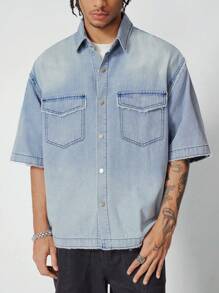 ROMWE MEN Street Life Men's Washed Loose Short Cut Denim Shirt - Multicolor - View 4