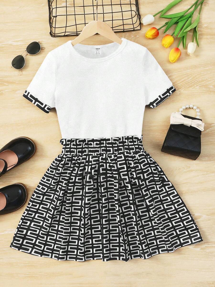 SHEIN 2 件套青少年女孩短袖印花圆领 T 恤和迷你裙 - 白色 - 查看 1