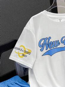 SHEIN 2 piezas Conjunto deportivo y casual para niño preadolescente - Camiseta gráfica suave y cómoda con estampado de letras y shorts con cintura elástica, apropiado para otoño, primavera, verano, versátil para uso diario, al aire libre, escuela, streetwear, fiestas y ocio