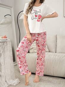 粉红爱心 & 咖啡印花短袖T恤和裤子套装 - 粉色 - 查看 3