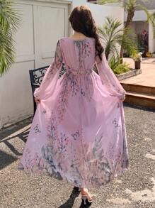 DAZY Vestido de mujer con cuello redondo, manga abullonada y estampado floral hasta la pantorrilla, vestido de otoño