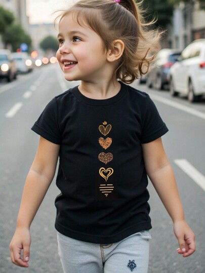 SHEIN Young Girl' Leopard Print, Stripe & Heart Graphic Round Neck Short Sleeve T-Shirt