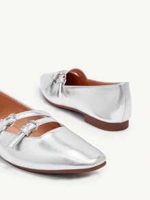 CUCCOO CHICEST Square Toe Multi-Strap Single Buckle Soft Bottom Breathable Vintage Shiny Surface Women Flat Shoes, Suitable For Daily, Commuting, Party, Walking Occasions Spring Shoes