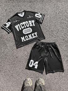 Manfinity EMRG Conjunto de camiseta de manga corta con estampado de letras y pantalones cortos para hombres