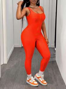 Slaydiva Women Casual Basic Sports Sleeveless Vest & Zip Front Collar Sleeveless Skin-Tight Jumpsuit - FF