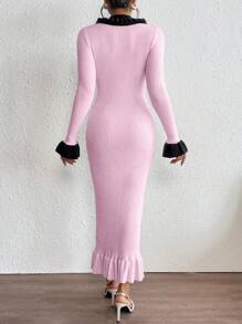 Chiquease Women's Peter Pan Collar Ruffle Sleeve Elegant Sweater Dress Fall Cloth For Women - Pink - View 2