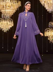 Al Najma 女士优雅长袖刺绣阿拉伯传统连衣裙、卡夫坦和贾拉比亚，朴素 - 紫色 - 查看 5