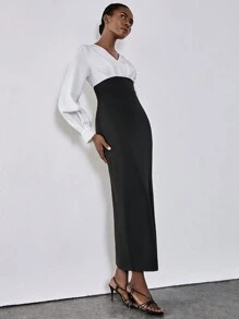 Chiquease 女士撞色 V 领长袖优雅修身长裙