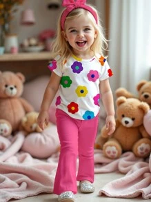 SHEIN Leap Crew 2pcs Cute Floral Graphic Top And Flare Pants Set, Casual Cartoon Pattern Round Neck Short Sleeve T-Shirt For Young Girls, Suitable For Summer - Multicolor - View 1