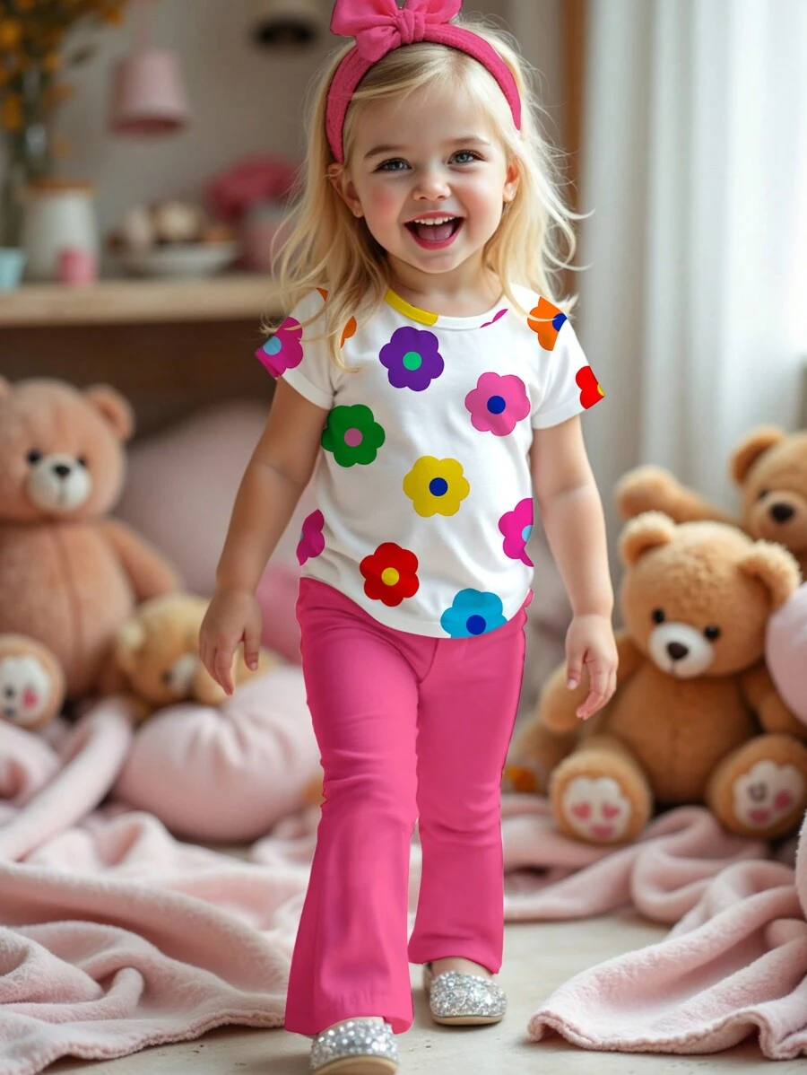 SHEIN Leap Crew 2pcs Cute Floral Graphic Top And Flare Pants Set, Casual Cartoon Pattern Round Neck Short Sleeve T-Shirt For Young Girls, Suitable For Summer - Multicolor - View 1