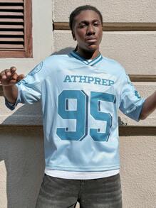 AXEPEAK Men Loose Mesh Fishnet V-Neck Short Sleeve T-Shirt With Letter & Numeric Print - Multicolor - View 1