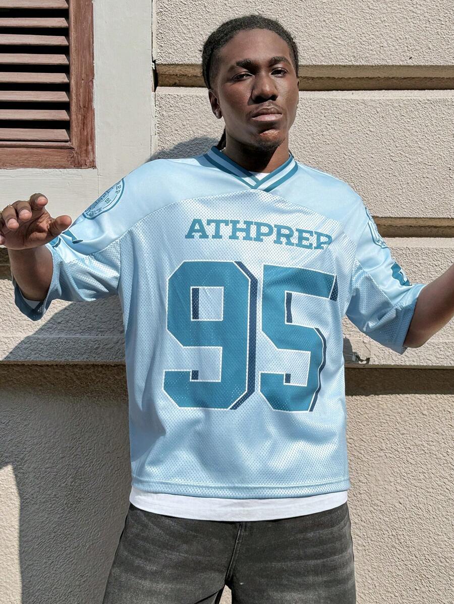 AXEPEAK Men Loose Mesh Fishnet V-Neck Short Sleeve T-Shirt With Letter & Numeric Print - Multicolor - View 1