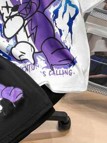 SHEIN 2pcs/Set Tween Boy Casual Street Graffiti Bear & Letter Print Crew Neck Short Sleeve T-Shirt And Pants Set, Suitable For Commute, School, Casual, Sports, Suitable For Spring And Summer, Party - Purple - View 4