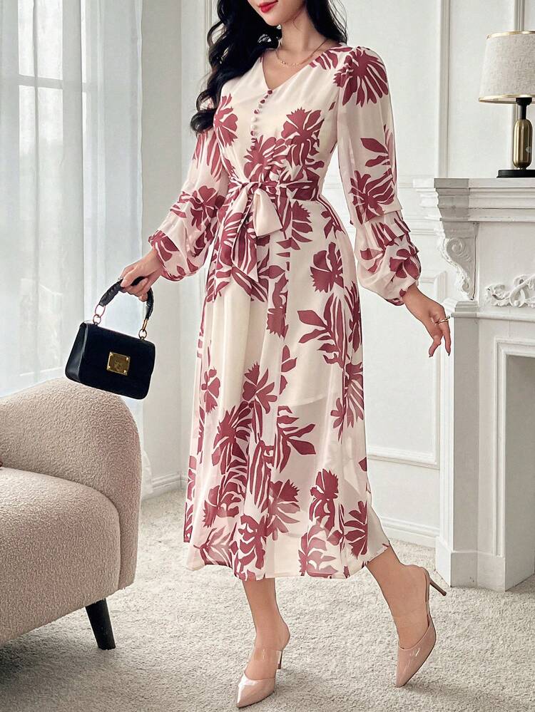 V-Neck Puff Sleeve Mid-Length Floral Print Dress For Women,Fall Dress Long Sleeve Dress Vacation Outfits Women Maxi Dress Boho