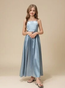 Tween Girl 奢华缎面露肩 A 字形连衣裙，配有系带腰带，细肩带吊带花童连衣裙，适合婚礼、舞会、生日派对、表演 - 藍色 - 查看 5