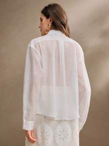 Anewsta Áo sơ mi nữ dài tay cổ khoét rỗng, màu trơn, thanh lịch, lãng mạn, viền ren hoa, thích hợp cho mùa xuân và mùa hè. - trắng - Xem 2