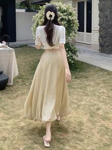 DAZY Damen Maxirock mit hoher Taille, weiter, einfarbiger Bubbelstoff - Khaki - Übersicht 6