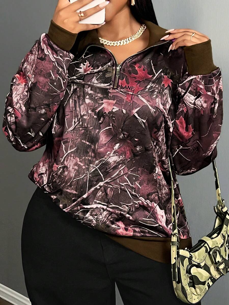 Slaydiva 大码休闲街头迷彩印花拉链领宽松运动衫
