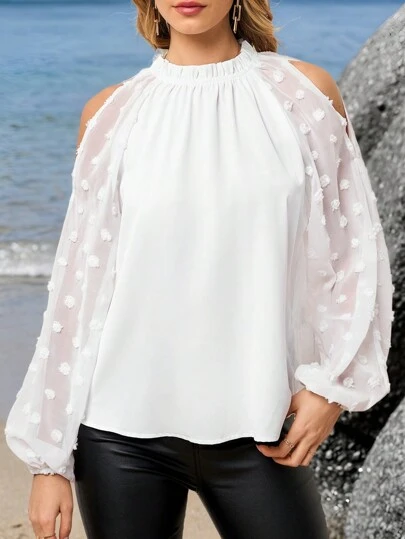 SHEIN Clasi Women's Elegant Ruffled Open Shoulder Lantern Sleeve White Blouse, Suitable For Commuting, Casual Everyday Wear, Spring, Summer For Women Beach For Woman Summer For Women Vacation Woman
