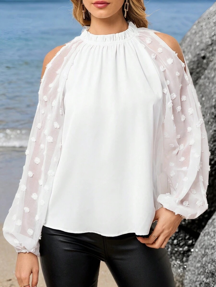 SHEIN Clasi Women's Elegant Ruffled Open Shoulder Lantern Sleeve White Blouse, Suitable For Commuting, Casual Everyday Wear, Spring, Summer For Women Beach For Woman Summer For Women Vacation Woman - White - View 1