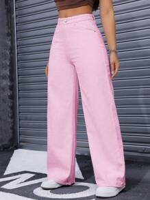SHEIN ICON Women's Front Button Pocket Casual Loose Straight Jeans Y2k - Pink - View 4