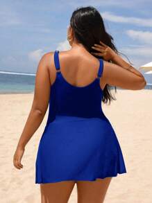 Swim Lushoire Summer Plus Size Solid Color Sleeveless Minimalist One-Piece Swimsuit - Royal Blue - View 2